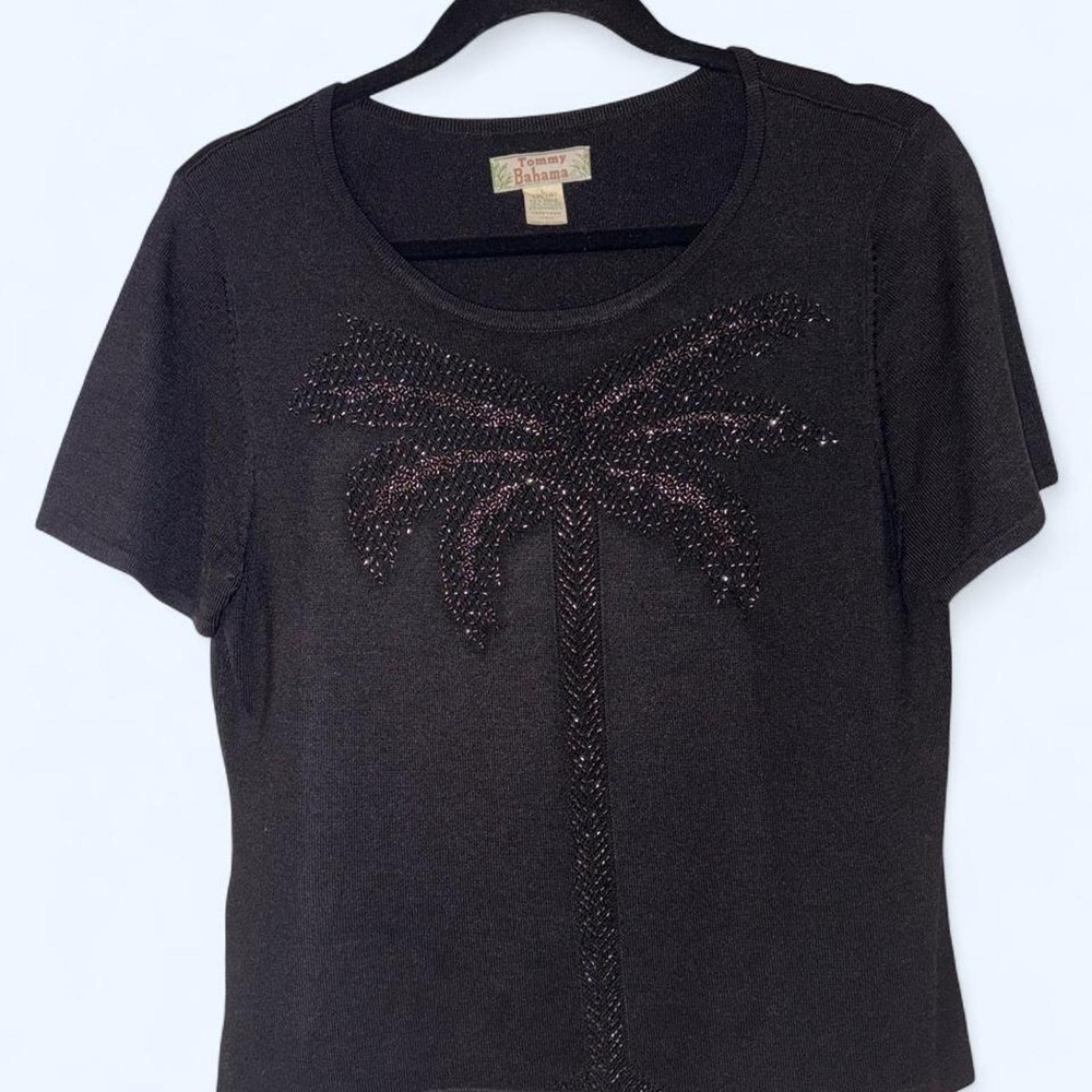 Tommy Bahama black rayon & spandex top with rhinestone palm tree small